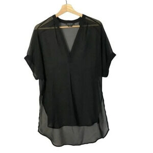 Trouve Black V-Neck Chiffon High Low Short Sleeve Blouse XS